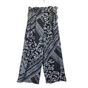 Laundry by Shelli Segal Black White Floral Wide Leg Cropped Paperbag Pants Small